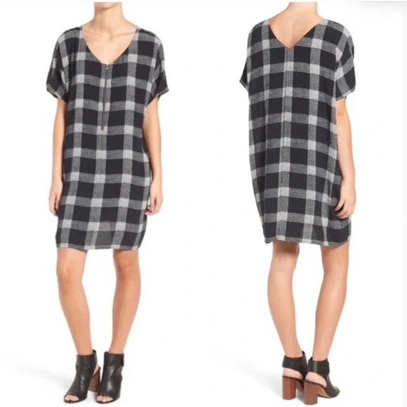 Madewell Zip Front Black White Buffalo Plaid‎ Check Sheath Shirt Dress Sz XXS - Picture 6 of 6